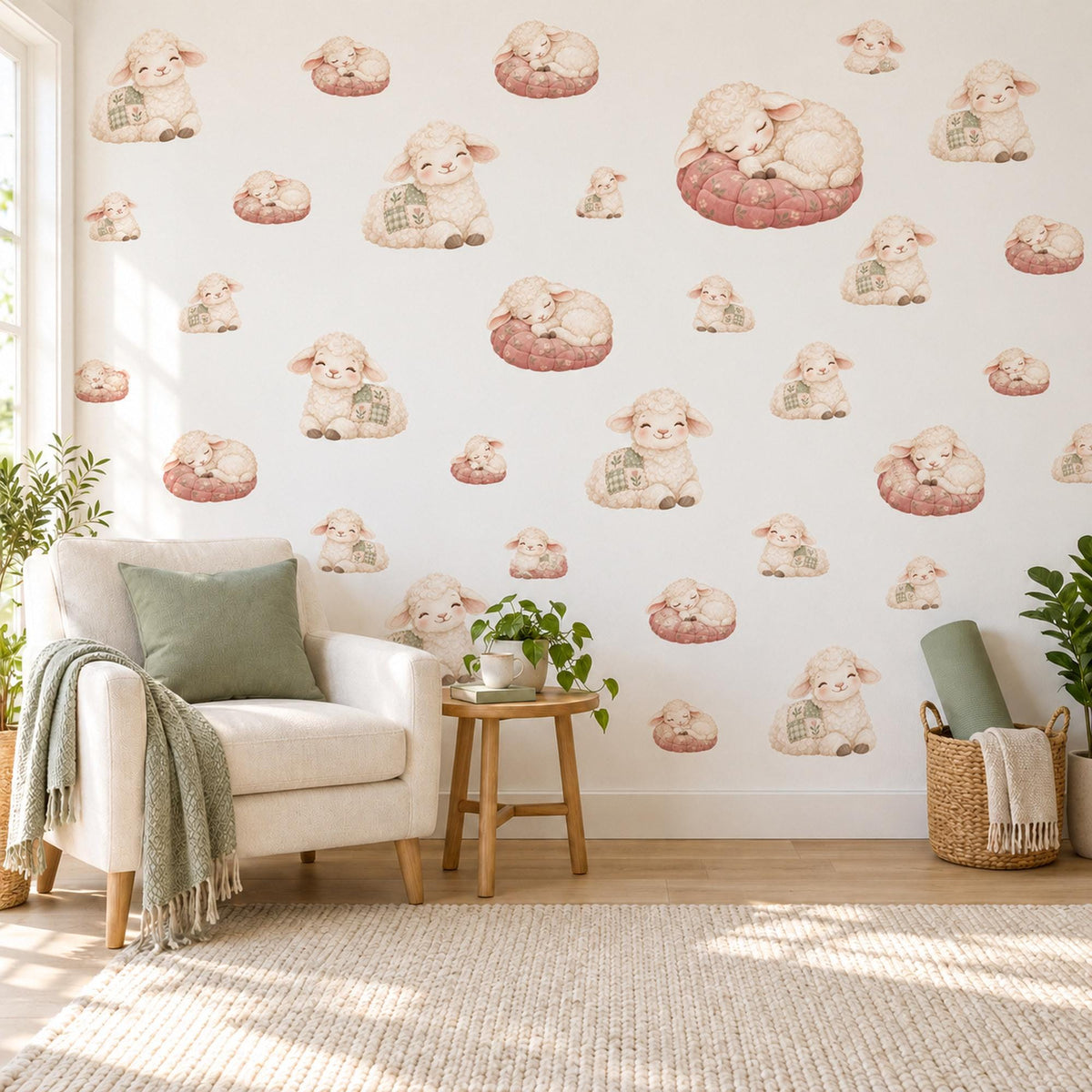 Lamb Wall Stickers, Baby Sheep Nursery Decor, Sleepy Lambs and Patchwork Wall Decals, Cream Dusty Pink Sage Kids Room Peel and Stick Art