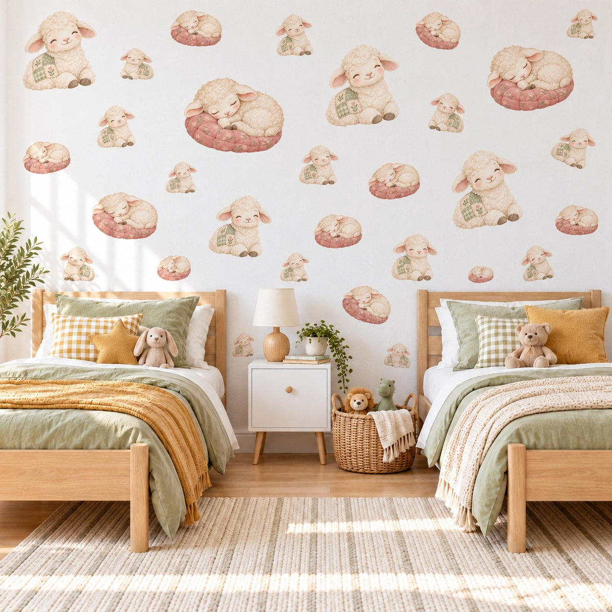 Lamb Wall Stickers, Baby Sheep Nursery Decor, Sleepy Lambs and Patchwork Wall Decals, Cream Dusty Pink Sage Kids Room Peel and Stick Art