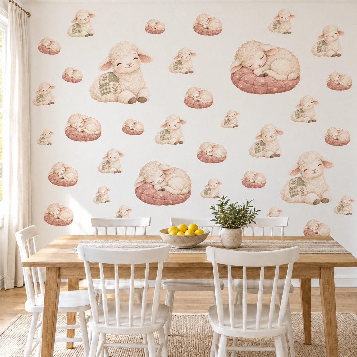 Lamb Wall Stickers, Baby Sheep Nursery Decor, Sleepy Lambs and Patchwork Wall Decals, Cream Dusty Pink Sage Kids Room Peel and Stick Art