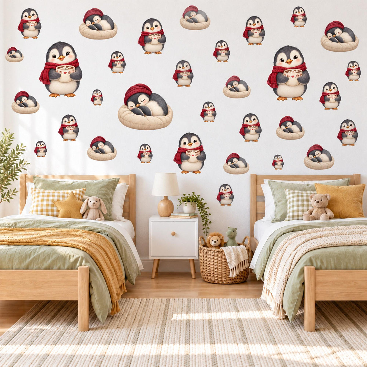 Penguin Wall Stickers, Christmas Penguin Nursery Decor, Hot Cocoa Penguins Wall Decals, Red Grey Winter Kids Room Peel and Stick Wall Art