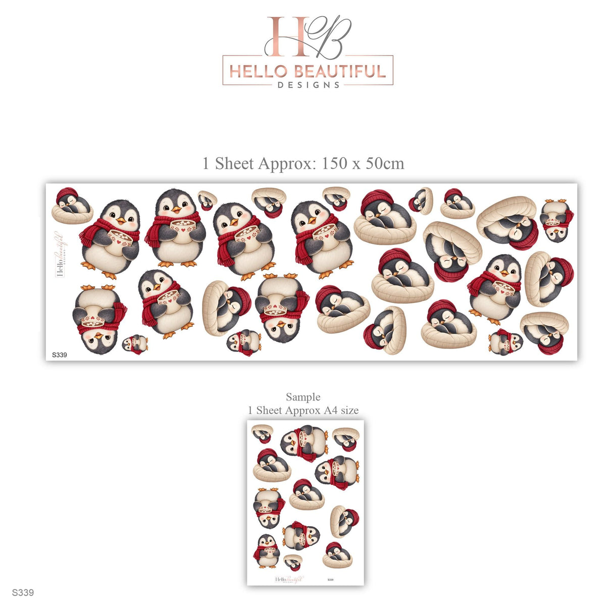 Penguin Wall Stickers, Christmas Penguin Nursery Decor, Hot Cocoa Penguins Wall Decals, Red Grey Winter Kids Room Peel and Stick Wall Art