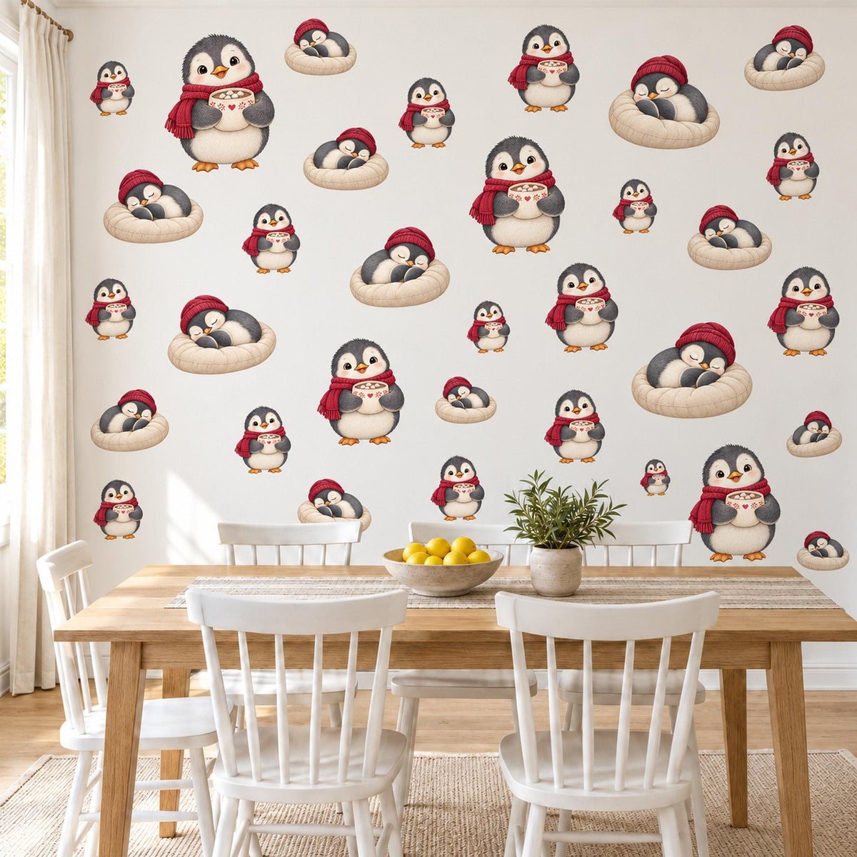 Penguin Wall Stickers, Christmas Penguin Nursery Decor, Hot Cocoa Penguins Wall Decals, Red Grey Winter Kids Room Peel and Stick Wall Art
