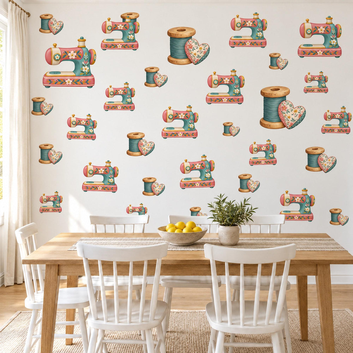 Sewing Wall Stickers, Vintage Sewing Machine Decor, Thread Spool and Pincushion Wall Decals, Coral Teal Craft Room Peel and Stick Wall Art