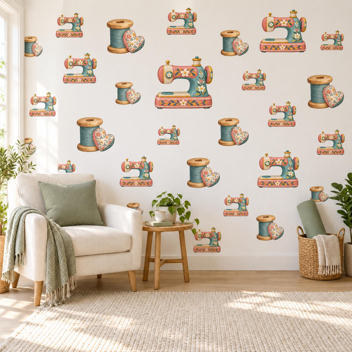 Sewing Wall Stickers, Vintage Sewing Machine Decor, Thread Spool and Pincushion Wall Decals, Coral Teal Craft Room Peel and Stick Wall Art