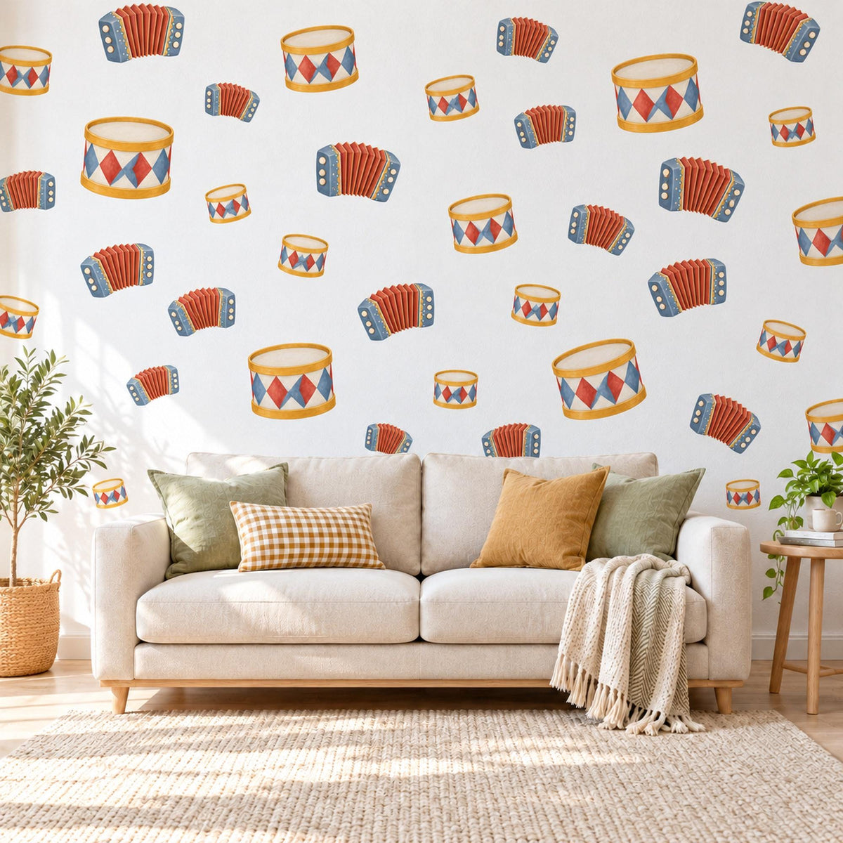 Toy Drum Wall Stickers, Circus Drum and Accordion Nursery Decor, Vintage Music Toy Wall Decals, Red Blue Gold Kids Peel and Stick Wall Art