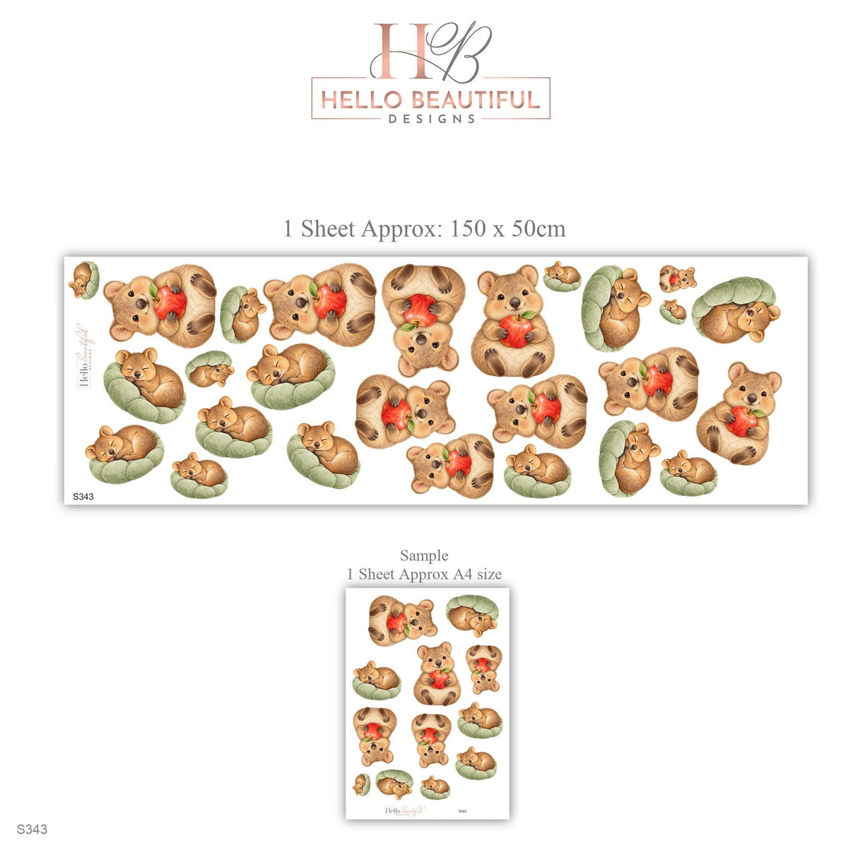 Quokka Wall Stickers, Australian Animal Nursery Decor, Cute Quokkas with Apples Wall Decals, Caramel Sage Red Kids Room Peel and Stick Art