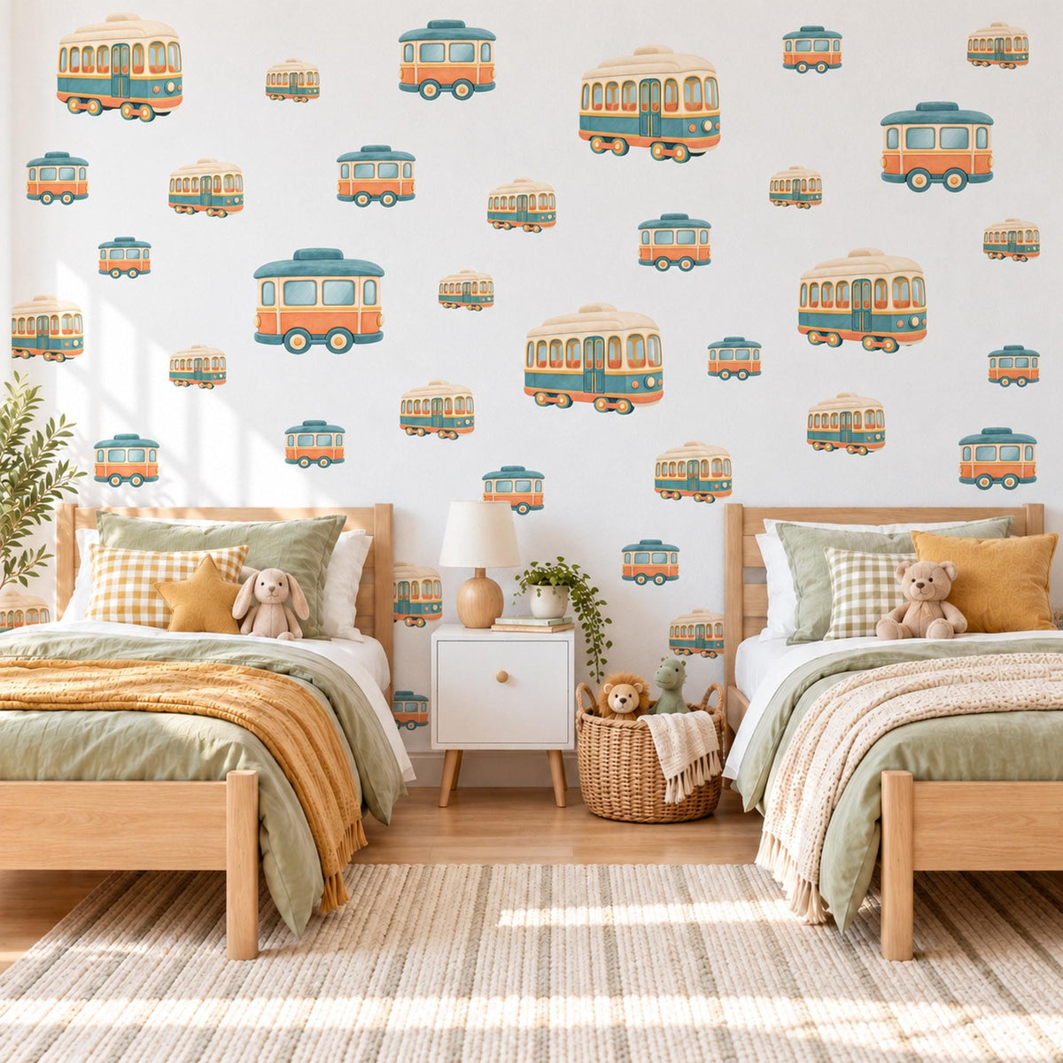 Tram Wall Stickers, Vintage Trolley Car Nursery Decor, Retro Tram Wall Decals, Teal Orange Cream Transport Kids Room Peel and Stick Art