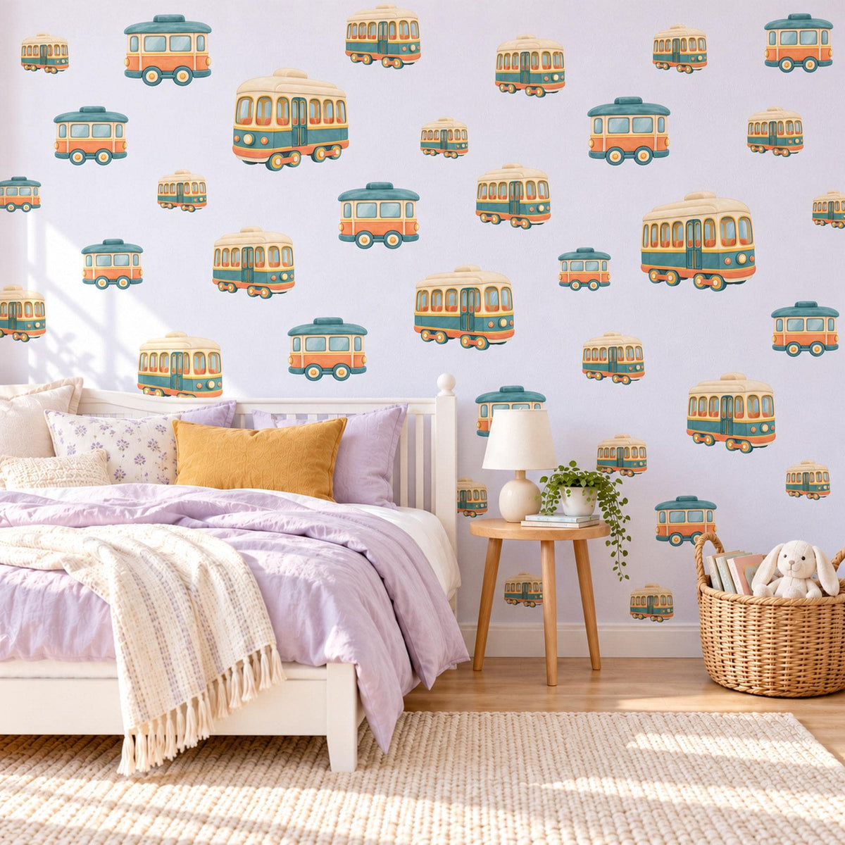 Tram Wall Stickers, Vintage Trolley Car Nursery Decor, Retro Tram Wall Decals, Teal Orange Cream Transport Kids Room Peel and Stick Art
