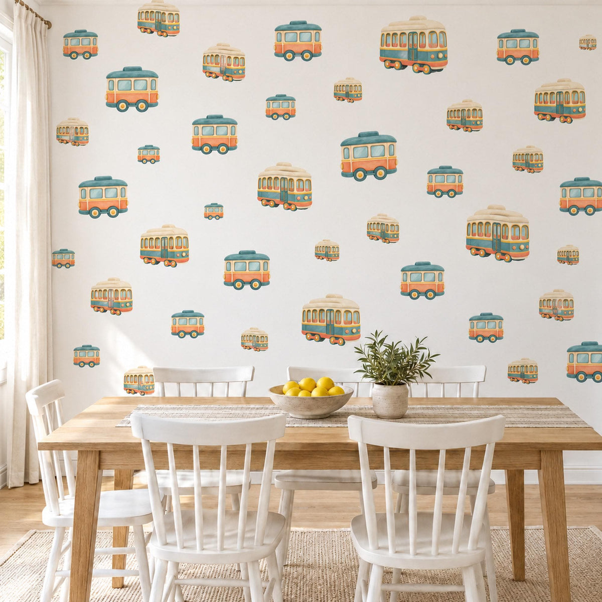 Tram Wall Stickers, Vintage Trolley Car Nursery Decor, Retro Tram Wall Decals, Teal Orange Cream Transport Kids Room Peel and Stick Art