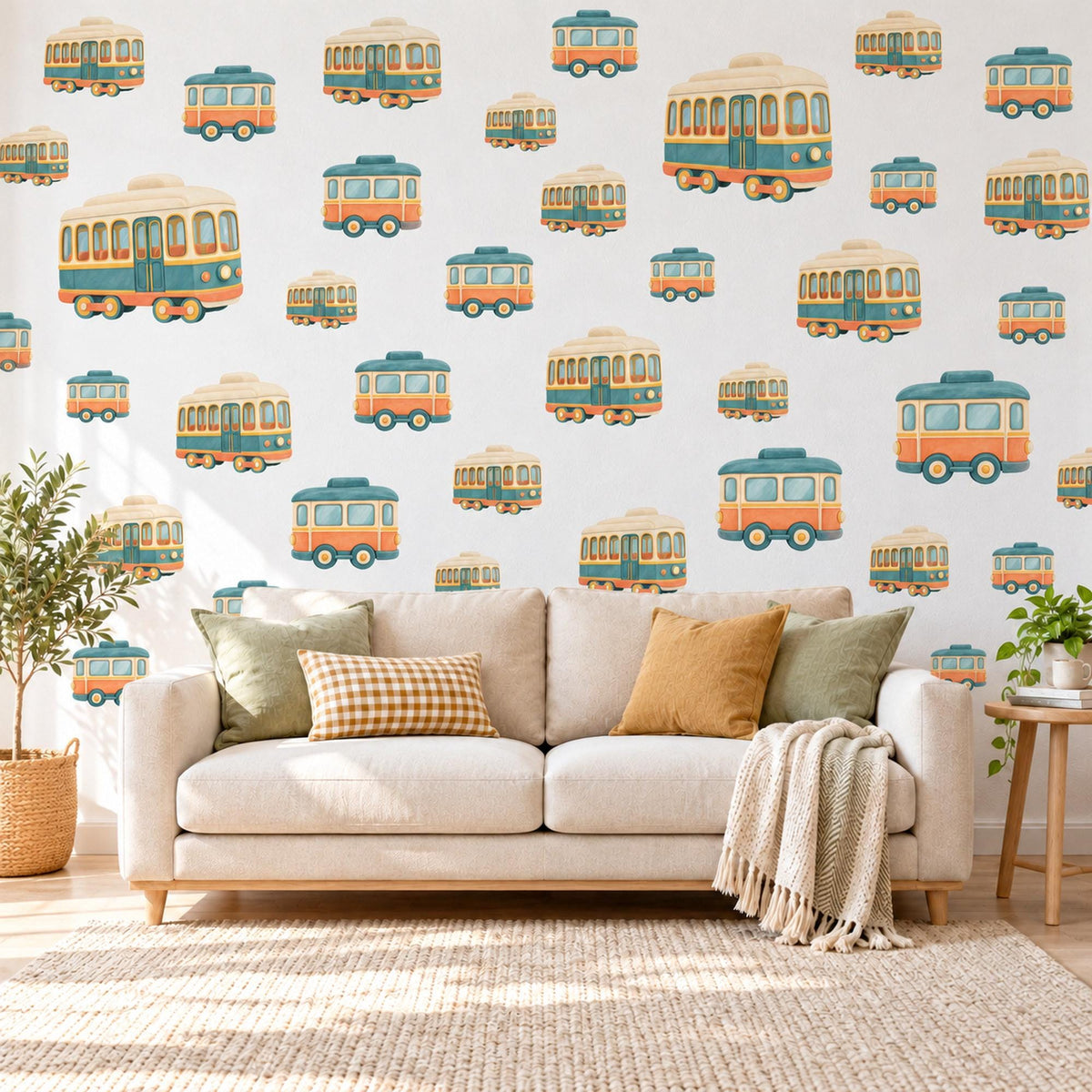 Tram Wall Stickers, Vintage Trolley Car Nursery Decor, Retro Tram Wall Decals, Teal Orange Cream Transport Kids Room Peel and Stick Art