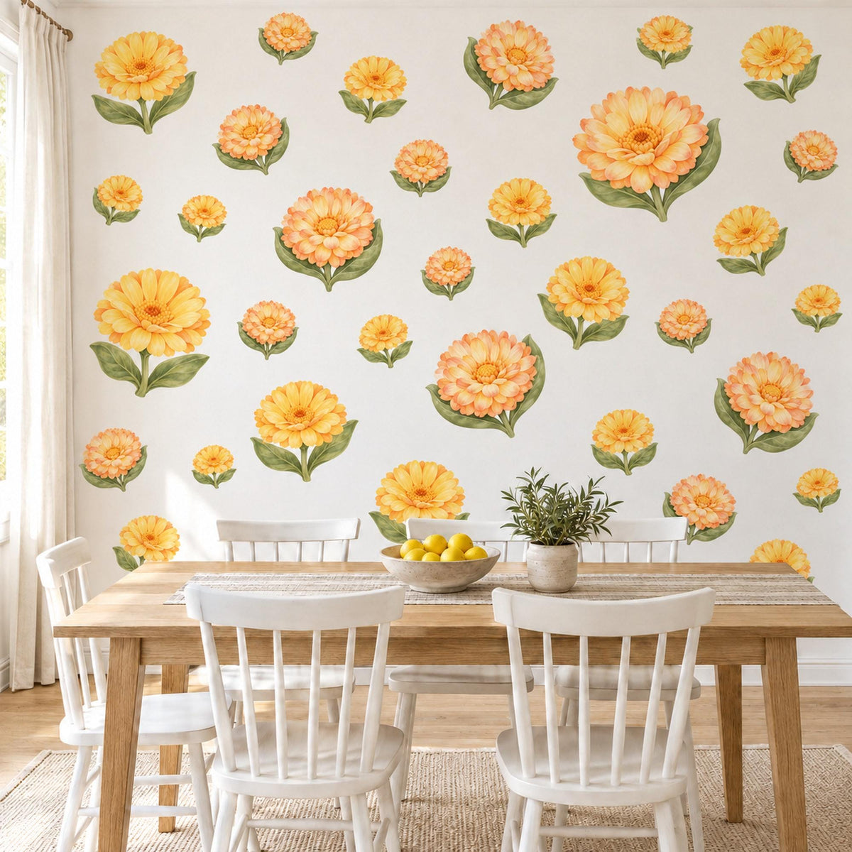 Calendula Wall Stickers, Yellow Flower Nursery Decor, Sunny Calendula Blooms Wall Decals, Golden Apricot Green Floral Peel and Stick Art