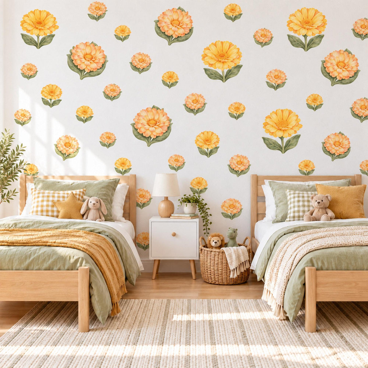 Calendula Wall Stickers, Yellow Flower Nursery Decor, Sunny Calendula Blooms Wall Decals, Golden Apricot Green Floral Peel and Stick Art