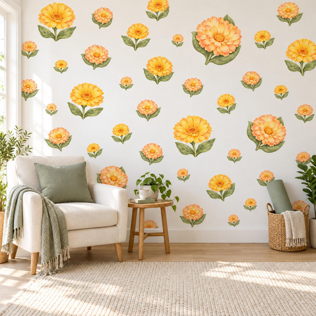 Calendula Wall Stickers, Yellow Flower Nursery Decor, Sunny Calendula Blooms Wall Decals, Golden Apricot Green Floral Peel and Stick Art
