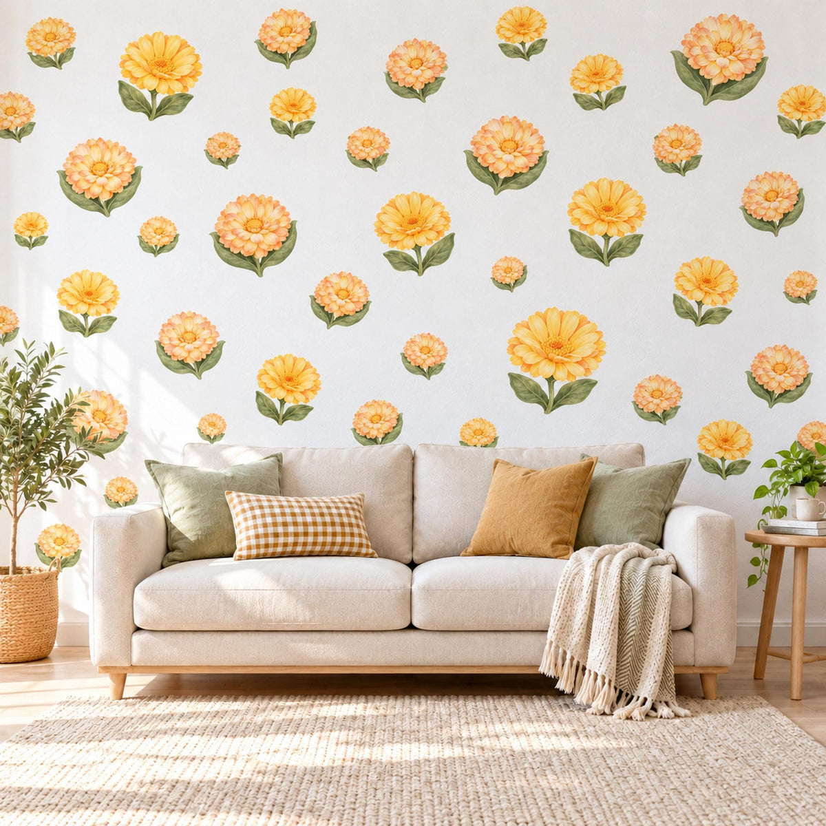 Calendula Wall Stickers, Yellow Flower Nursery Decor, Sunny Calendula Blooms Wall Decals, Golden Apricot Green Floral Peel and Stick Art