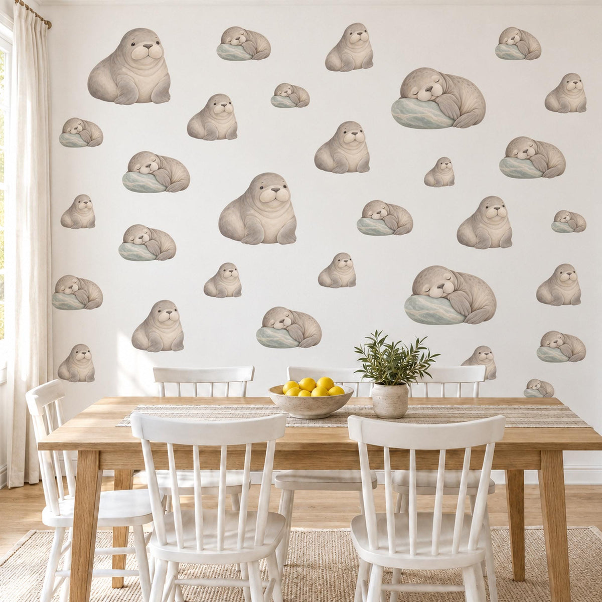 Walrus Wall Stickers, Baby Walrus Nursery Decor, Sleepy Arctic Walrus Wall Decals, Taupe Sage Neutral Kids Room Peel and Stick Wall Art