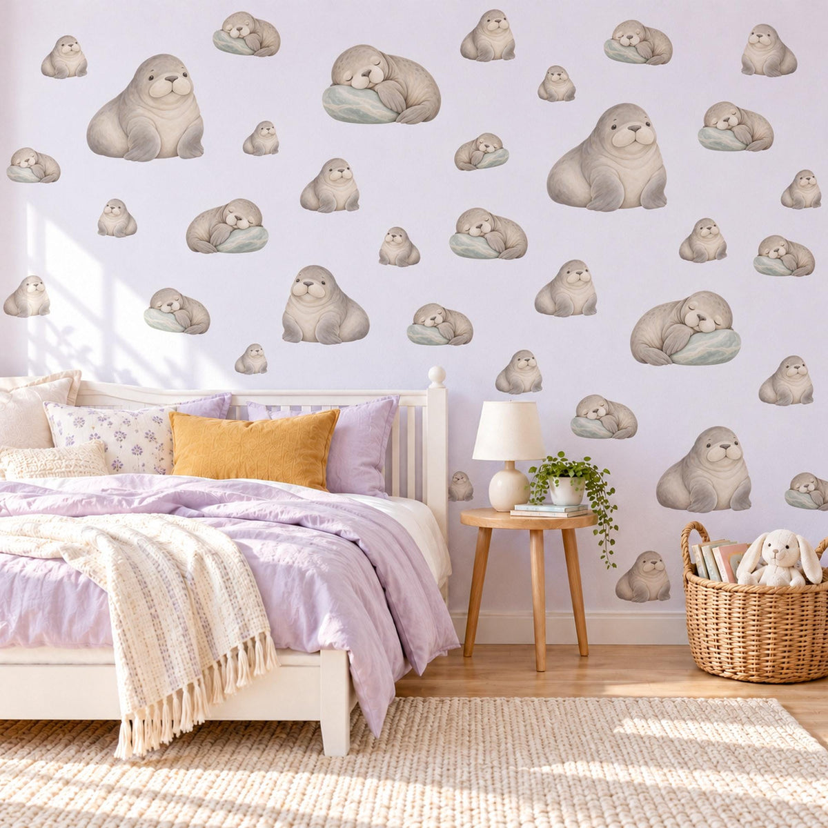 Walrus Wall Stickers, Baby Walrus Nursery Decor, Sleepy Arctic Walrus Wall Decals, Taupe Sage Neutral Kids Room Peel and Stick Wall Art