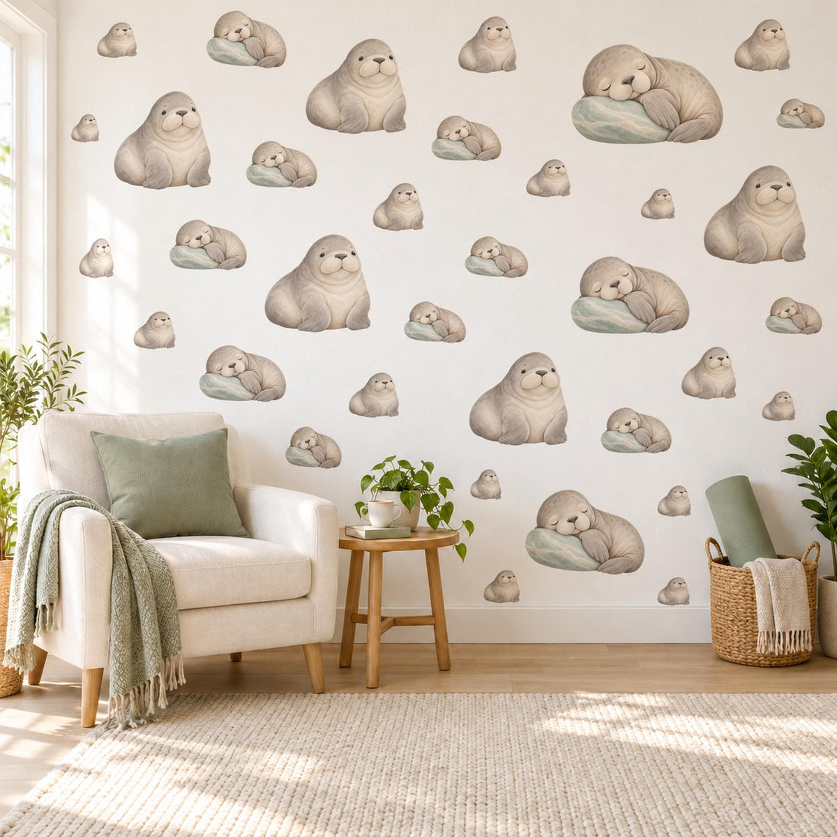 Walrus Wall Stickers, Baby Walrus Nursery Decor, Sleepy Arctic Walrus Wall Decals, Taupe Sage Neutral Kids Room Peel and Stick Wall Art