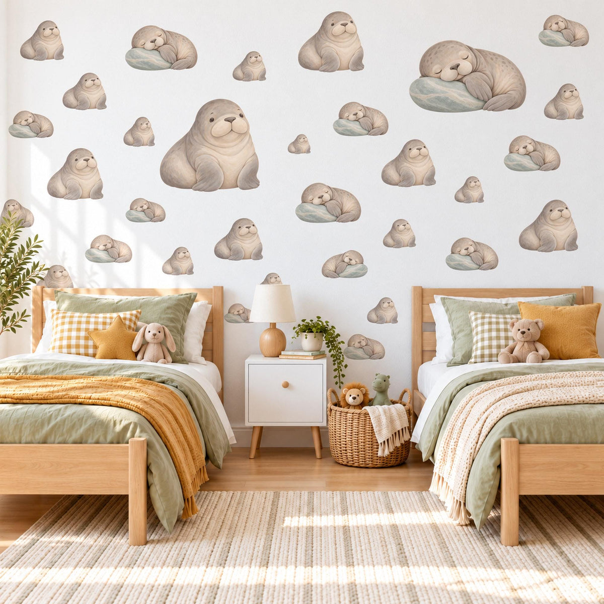 Walrus Wall Stickers, Baby Walrus Nursery Decor, Sleepy Arctic Walrus Wall Decals, Taupe Sage Neutral Kids Room Peel and Stick Wall Art