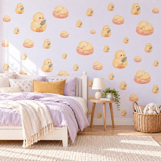 Baby Chick Wall Stickers, Yellow Chick Nursery Decor, Easter Chick Wall Decals, Sleeping Chick Peach Kids Room Peel and Stick Wall Art