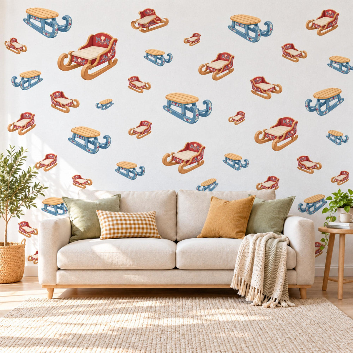 Sled Wall Stickers, Vintage Sledge Christmas Decor, Winter Toy Sleigh Wall Decals, Red Blue Nordic Kids Room Peel and Stick Wall Art