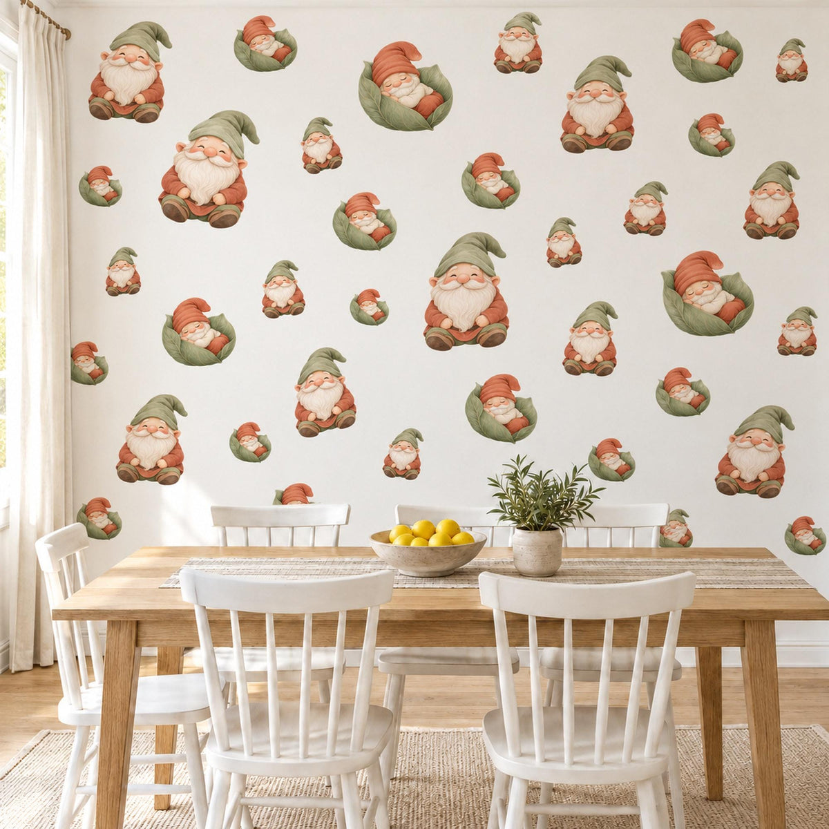Gnome Wall Stickers, Garden Gnome Nursery Decor, Sleepy Gnome Wall Decals, Sage Terracotta Storybook Kids Room Peel and Stick Wall Art