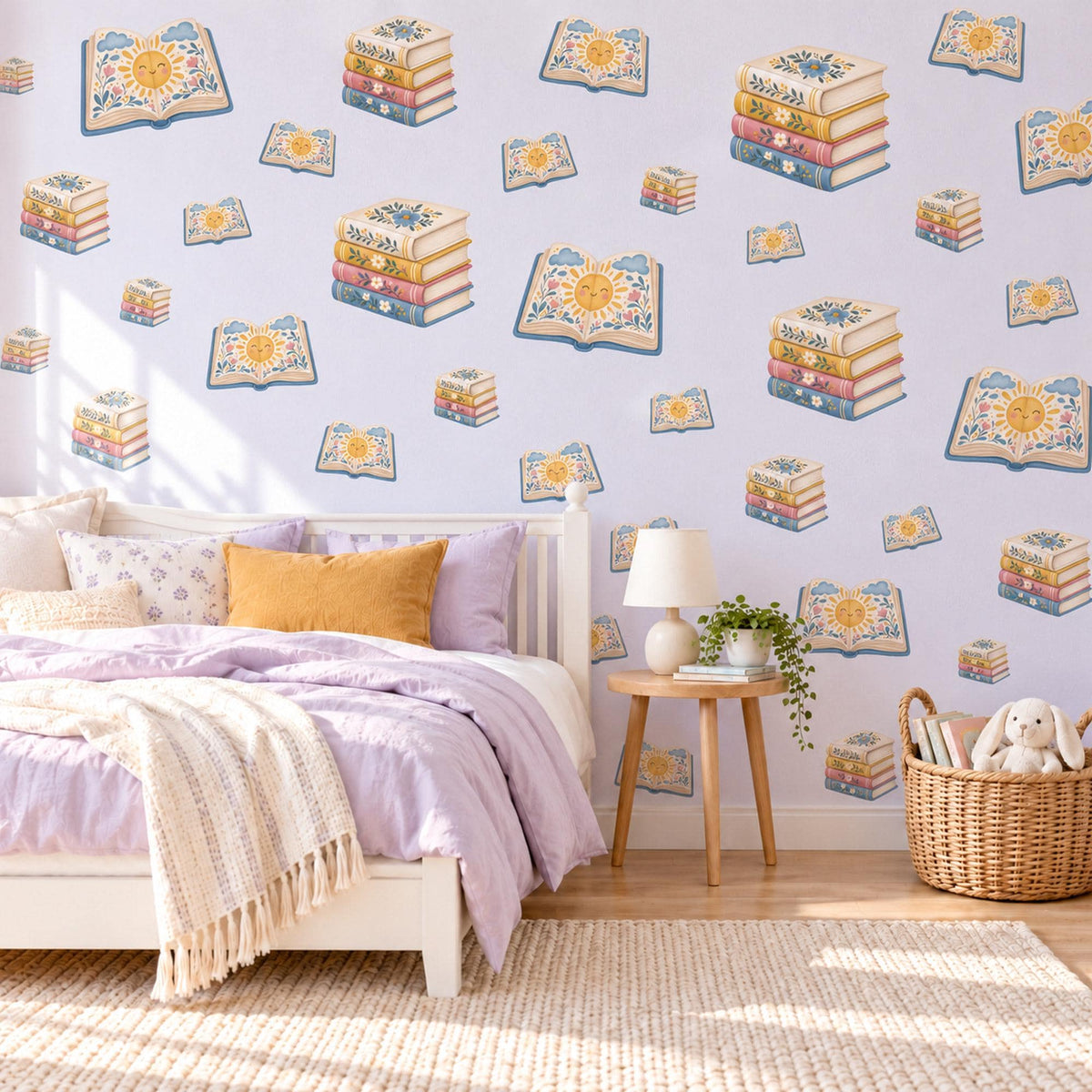 Book Wall Stickers, Storybook Nursery Decor, Book Stack Wall Decals, Reading Nook Kids Room Mustard Blue Peel and Stick Wall Art