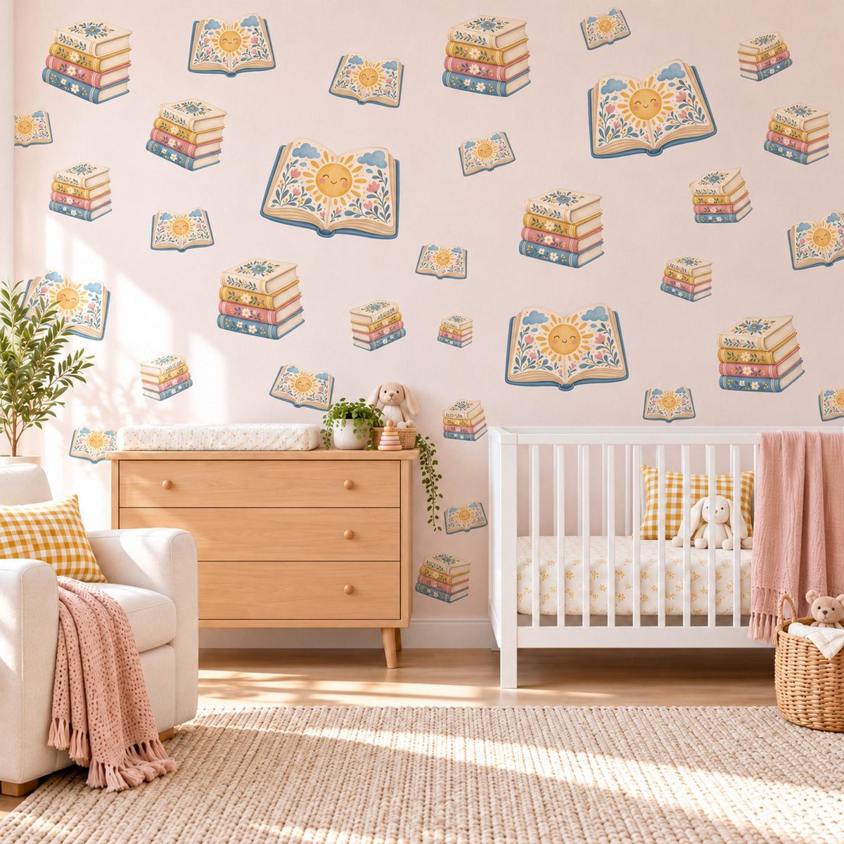 Book Wall Stickers, Storybook Nursery Decor, Book Stack Wall Decals, Reading Nook Kids Room Mustard Blue Peel and Stick Wall Art