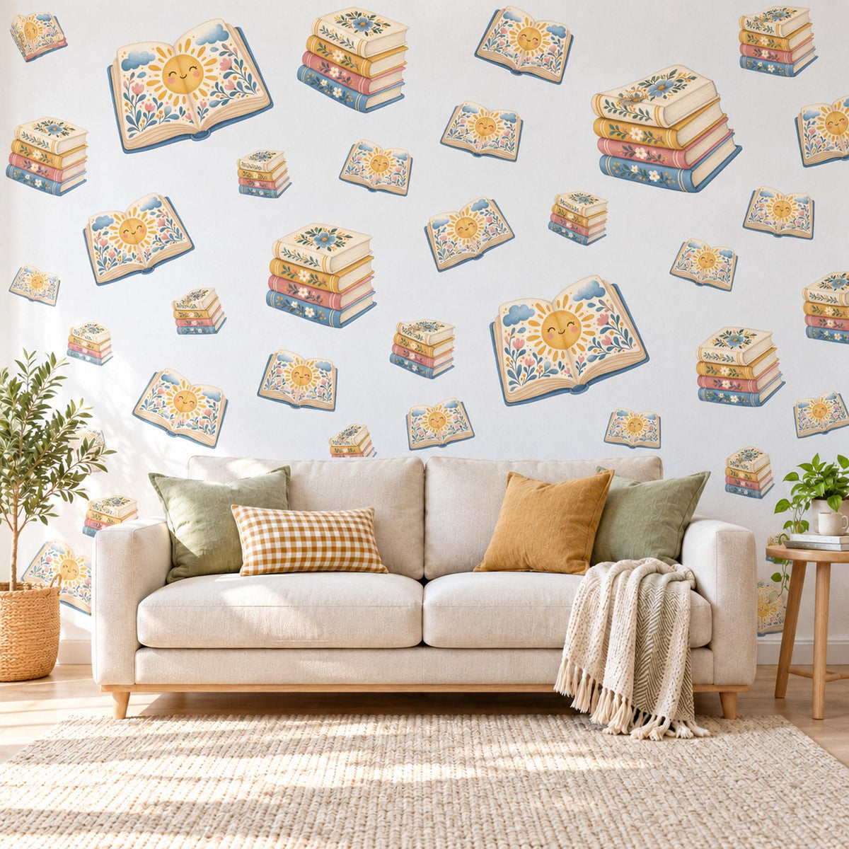 Book Wall Stickers, Storybook Nursery Decor, Book Stack Wall Decals, Reading Nook Kids Room Mustard Blue Peel and Stick Wall Art