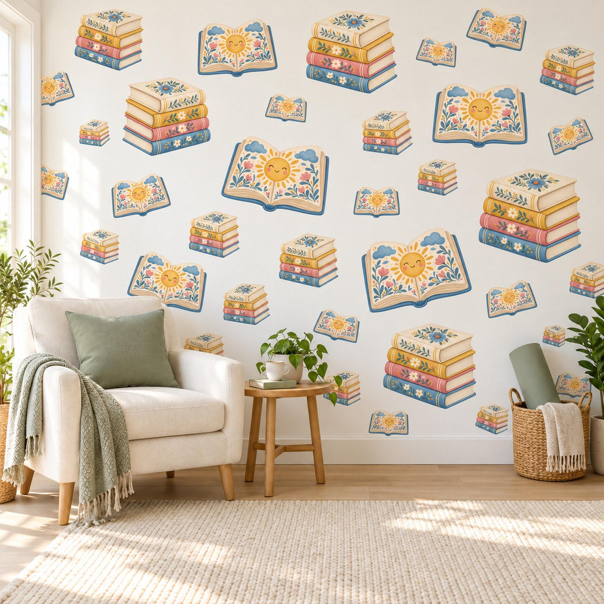 Book Wall Stickers, Storybook Nursery Decor, Book Stack Wall Decals, Reading Nook Kids Room Mustard Blue Peel and Stick Wall Art