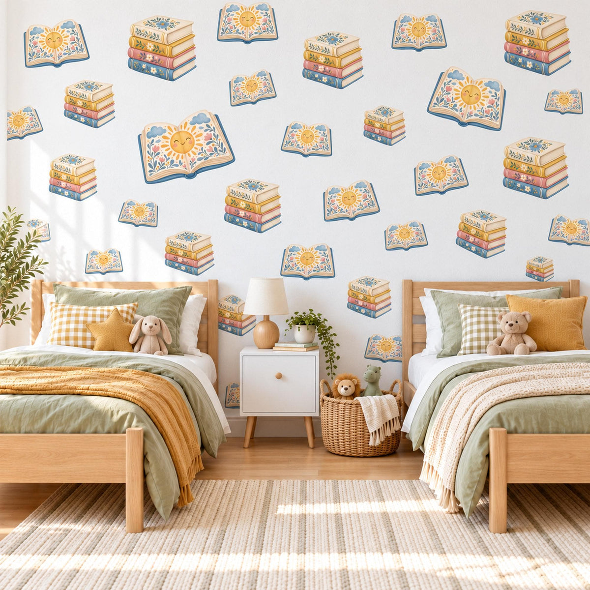 Book Wall Stickers, Storybook Nursery Decor, Book Stack Wall Decals, Reading Nook Kids Room Mustard Blue Peel and Stick Wall Art