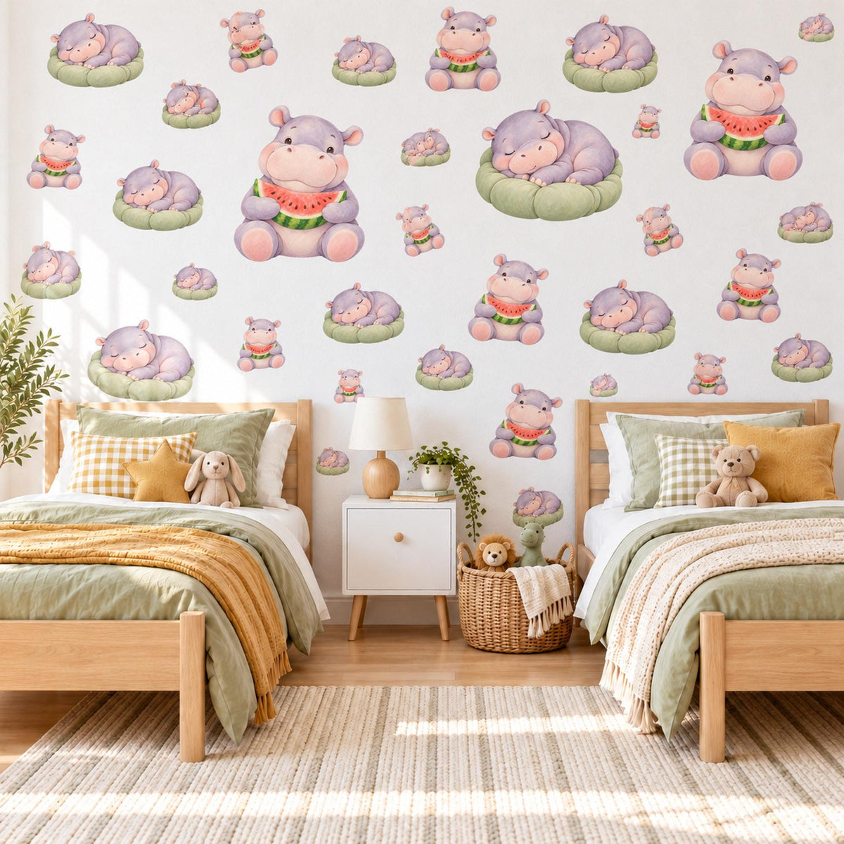 Hippo Wall Stickers, Baby Hippo Nursery Decor, Watermelon Wall Decals, Lilac Pink Green Kids Room Safari Peel and Stick Wall Art