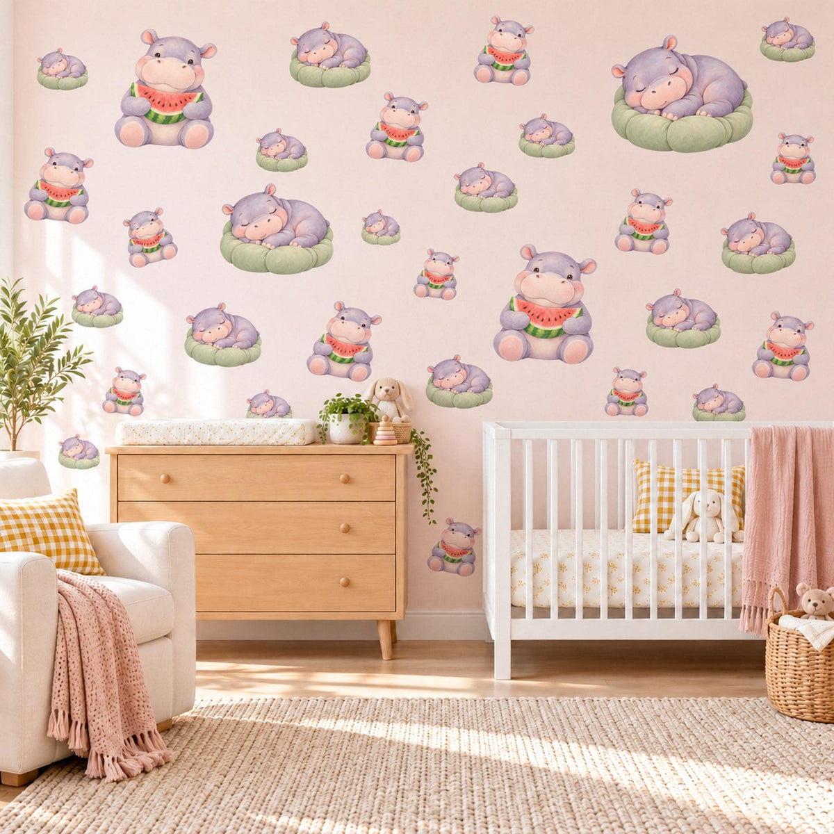Hippo Wall Stickers, Baby Hippo Nursery Decor, Watermelon Wall Decals, Lilac Pink Green Kids Room Safari Peel and Stick Wall Art
