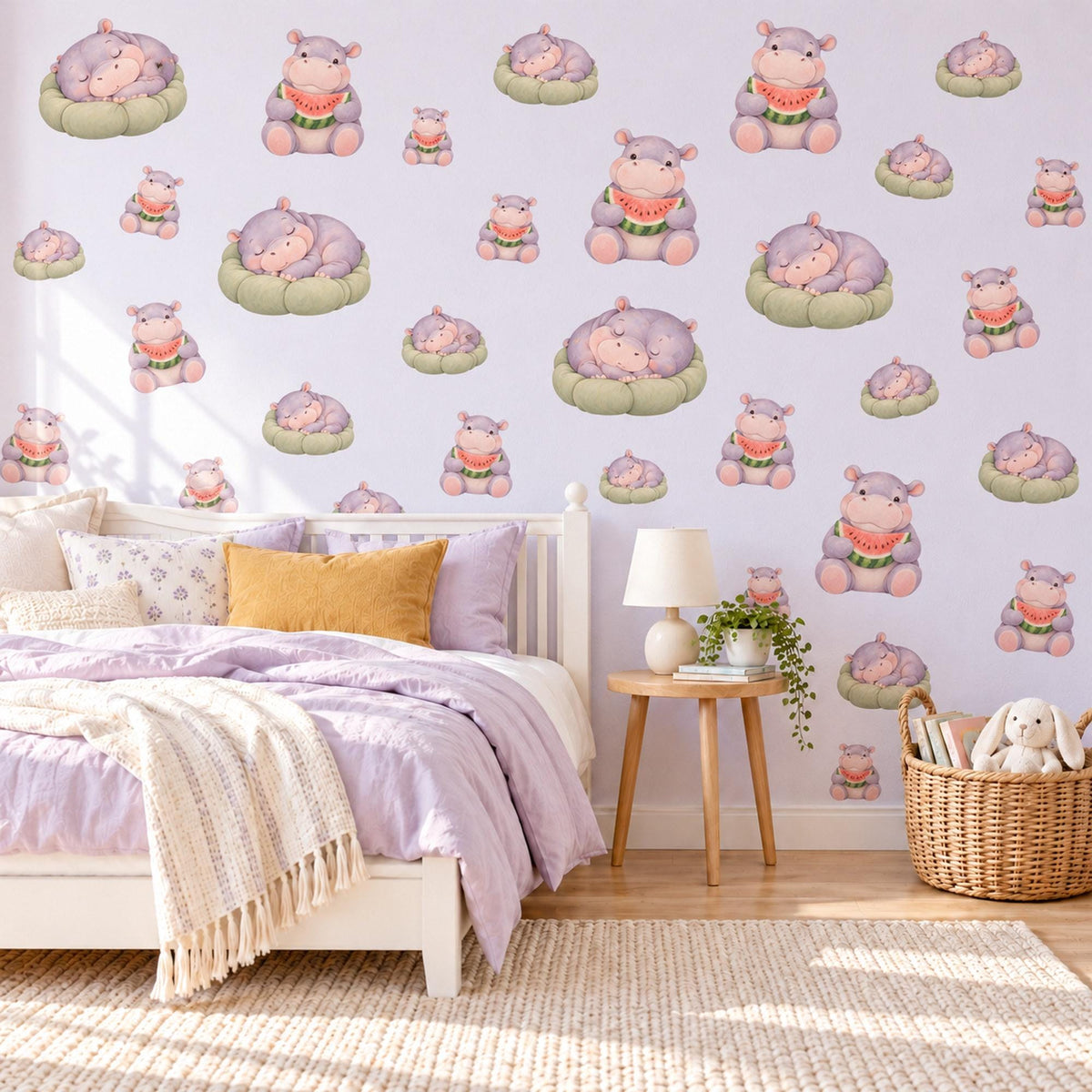 Hippo Wall Stickers, Baby Hippo Nursery Decor, Watermelon Wall Decals, Lilac Pink Green Kids Room Safari Peel and Stick Wall Art