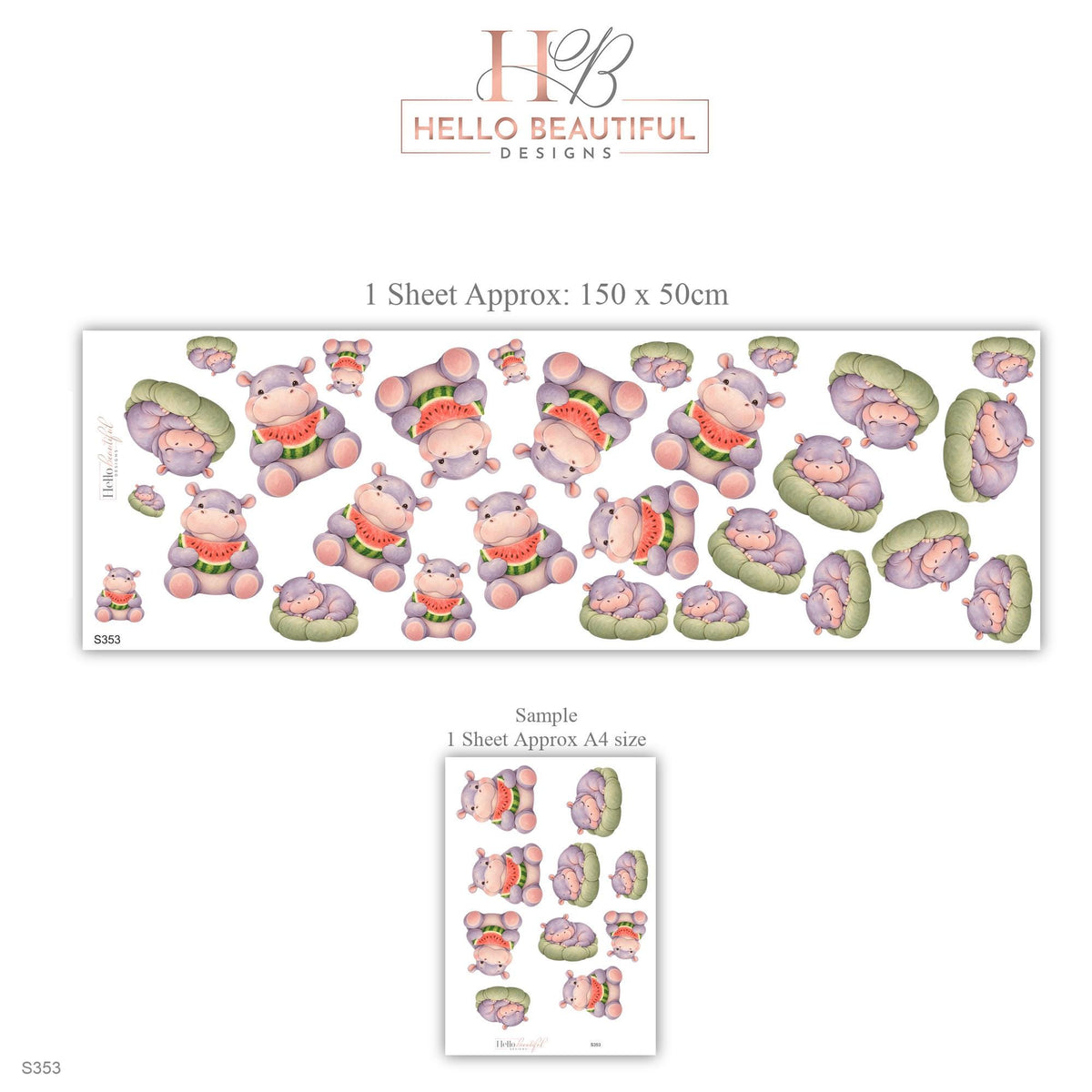 Hippo Wall Stickers, Baby Hippo Nursery Decor, Watermelon Wall Decals, Lilac Pink Green Kids Room Safari Peel and Stick Wall Art