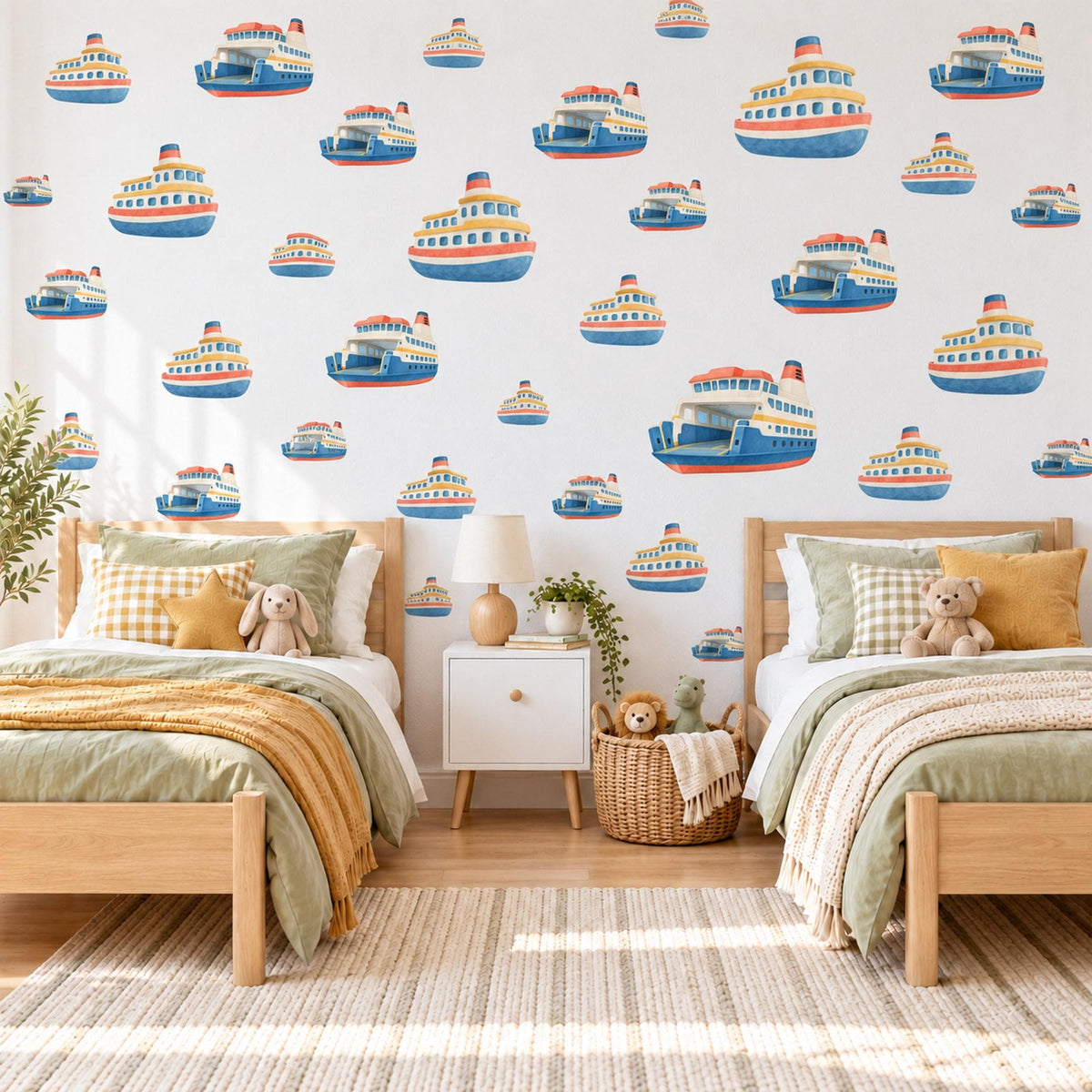 Ferry Wall Stickers, Toy Boat Nursery Decor, Nautical Ship Wall Decals, Navy Blue Red Kids Room Transport Peel and Stick Wall Art