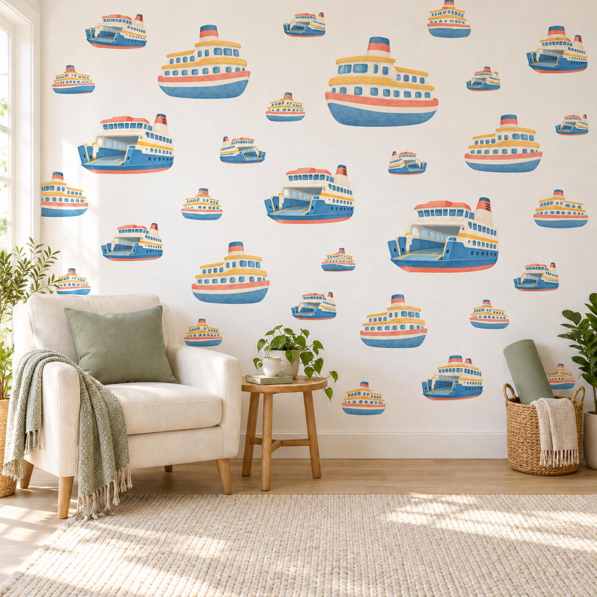 Ferry Wall Stickers, Toy Boat Nursery Decor, Nautical Ship Wall Decals, Navy Blue Red Kids Room Transport Peel and Stick Wall Art