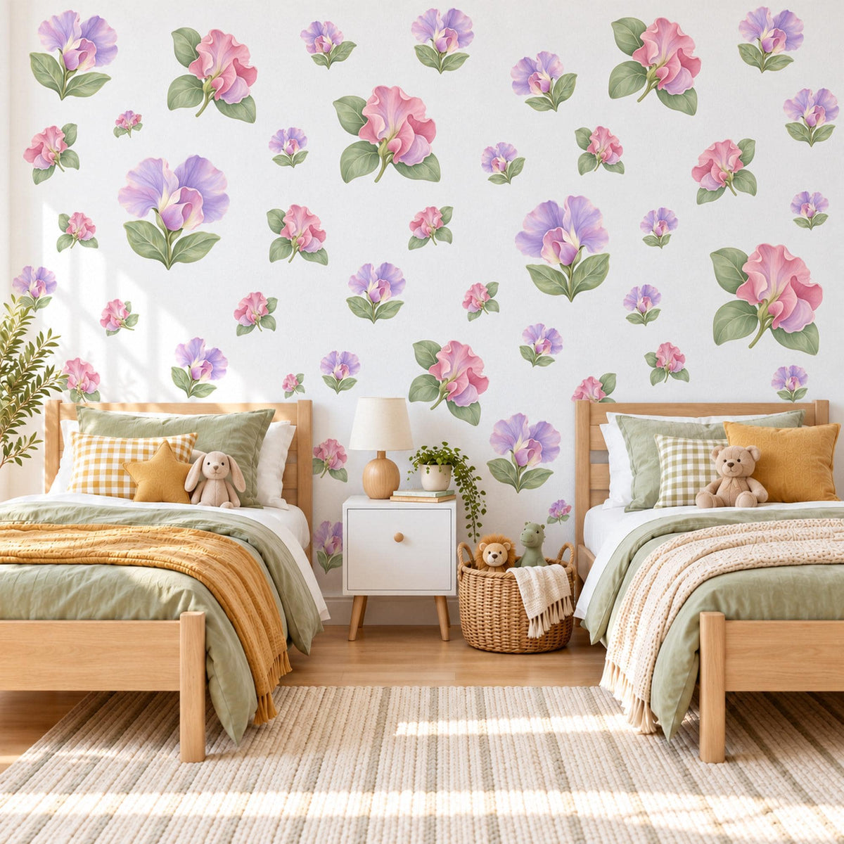 Sweet Pea Wall Stickers, Floral Nursery Decor, Lilac Pink Flower Wall Decals, Girls Bedroom Botanical Peel and Stick Wall Art