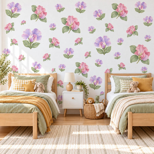 Sweet Pea Wall Stickers, Floral Nursery Decor, Lilac Pink Flower Wall Decals, Girls Bedroom Botanical Peel and Stick Wall Art