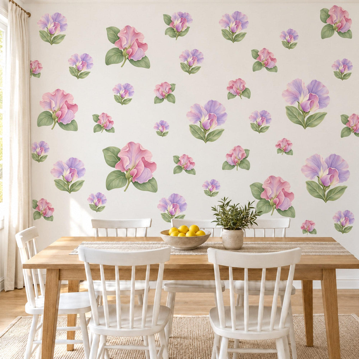 Sweet Pea Wall Stickers, Floral Nursery Decor, Lilac Pink Flower Wall Decals, Girls Bedroom Botanical Peel and Stick Wall Art