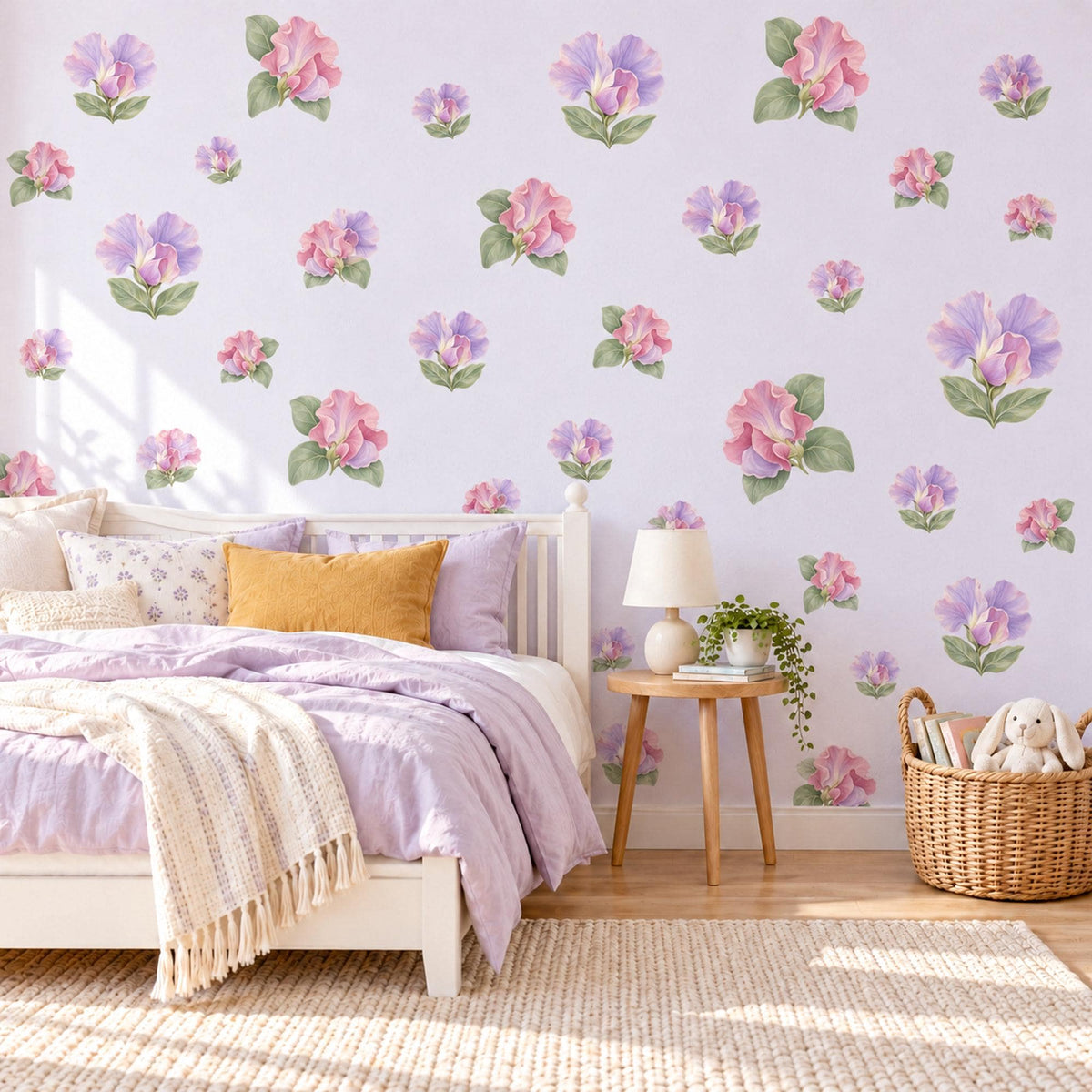 Sweet Pea Wall Stickers, Floral Nursery Decor, Lilac Pink Flower Wall Decals, Girls Bedroom Botanical Peel and Stick Wall Art