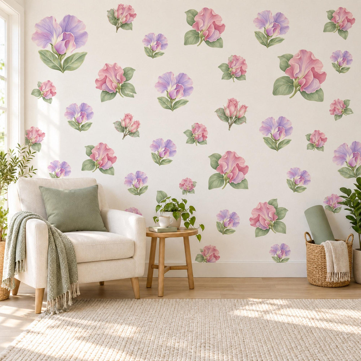 Sweet Pea Wall Stickers, Floral Nursery Decor, Lilac Pink Flower Wall Decals, Girls Bedroom Botanical Peel and Stick Wall Art