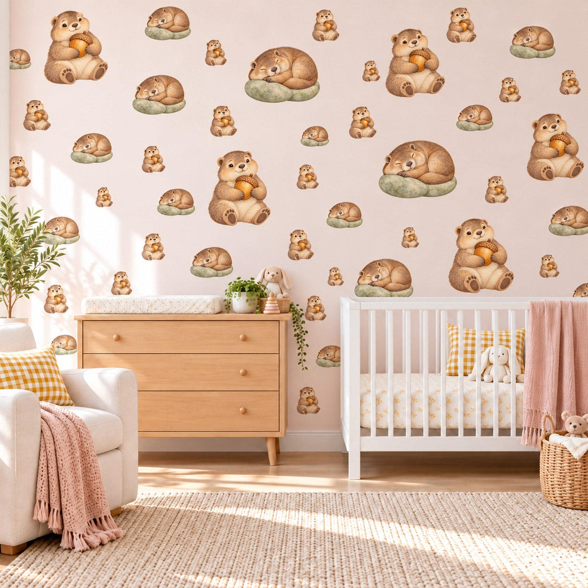 Marmot Wall Stickers, Woodland Animal Nursery Decor, Sleepy Marmot Wall Decals, Brown Sage Kids Room Peel and Stick Wall Art