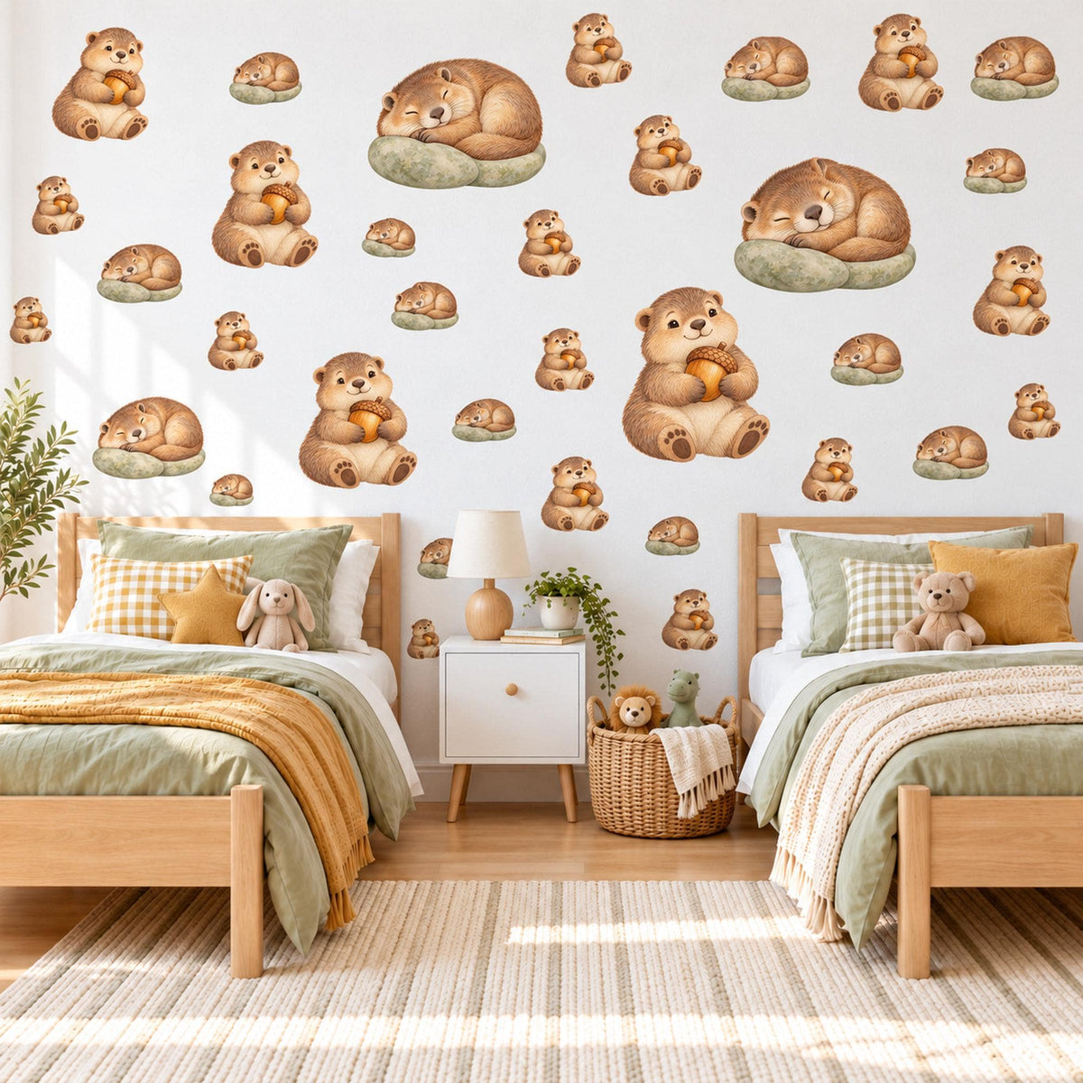 Marmot Wall Stickers, Woodland Animal Nursery Decor, Sleepy Marmot Wall Decals, Brown Sage Kids Room Peel and Stick Wall Art