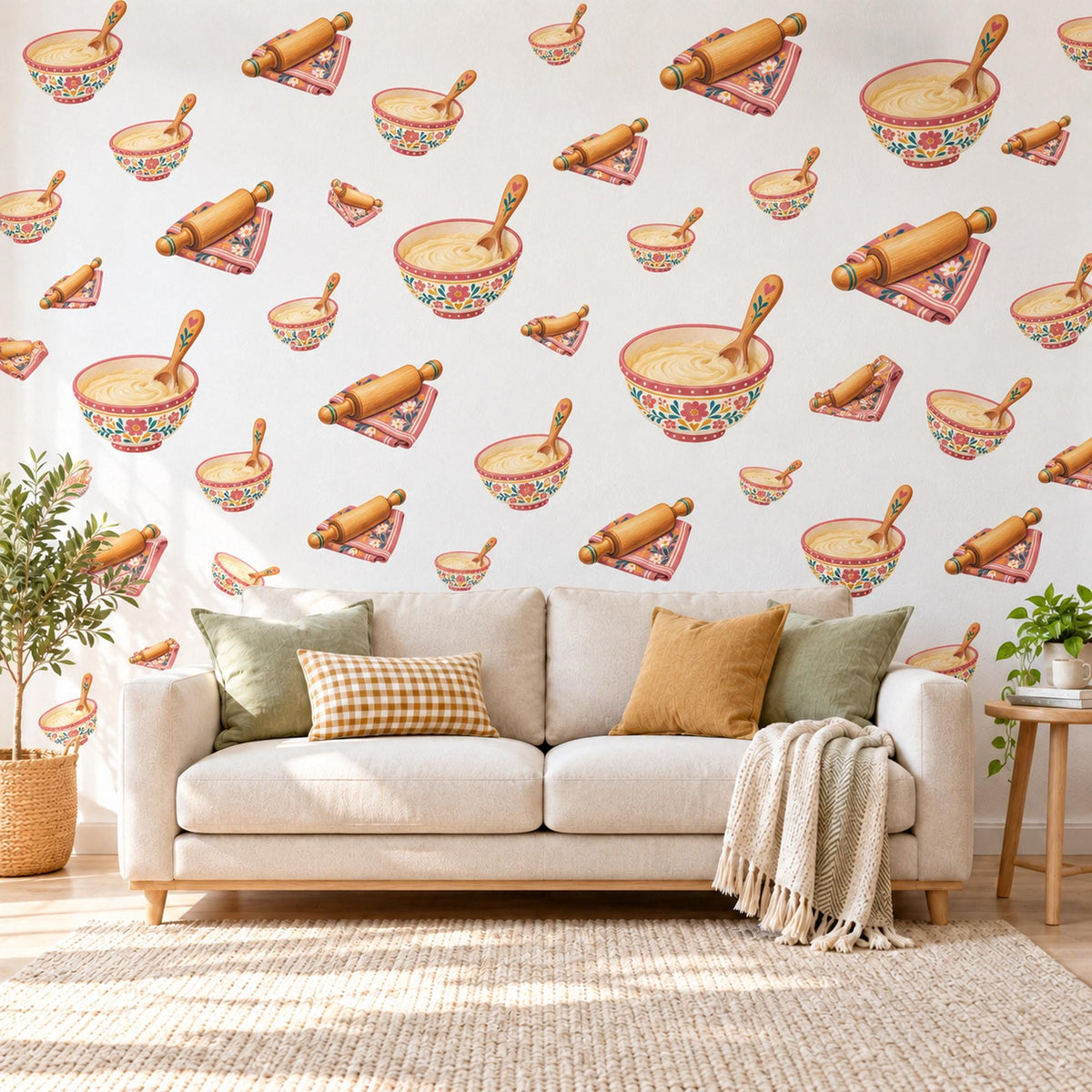 Baking Wall Stickers, Kitchen Wall Decor, Mixing Bowl Rolling Pin Wall Decals, Folk Floral Red Cream Play Kitchen Peel and Stick Wall Art