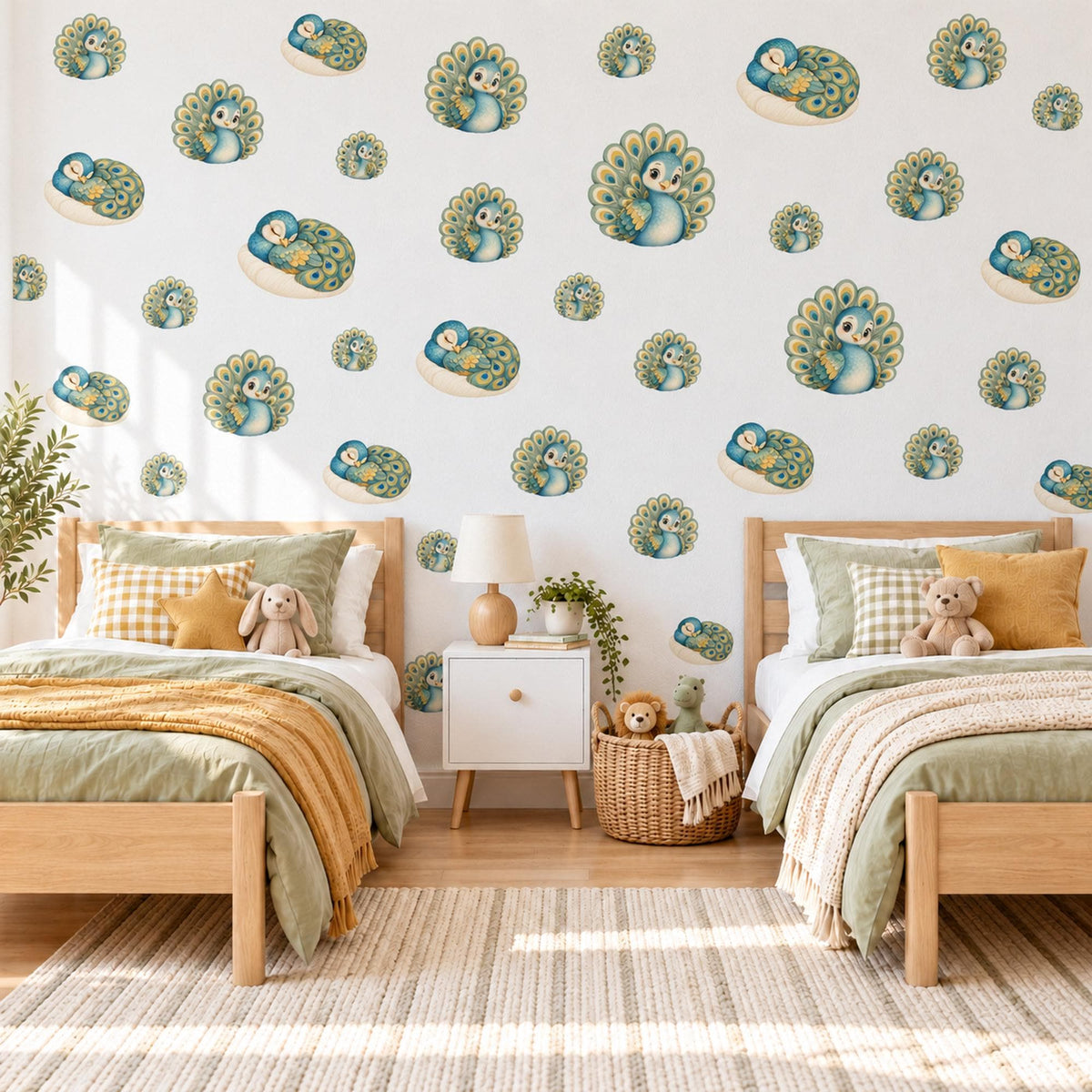Peacock Wall Stickers, Baby Peacock Nursery Decor, Teal Bird Wall Decals, Emerald Green Gold Kids Room Peel and Stick Wall Art