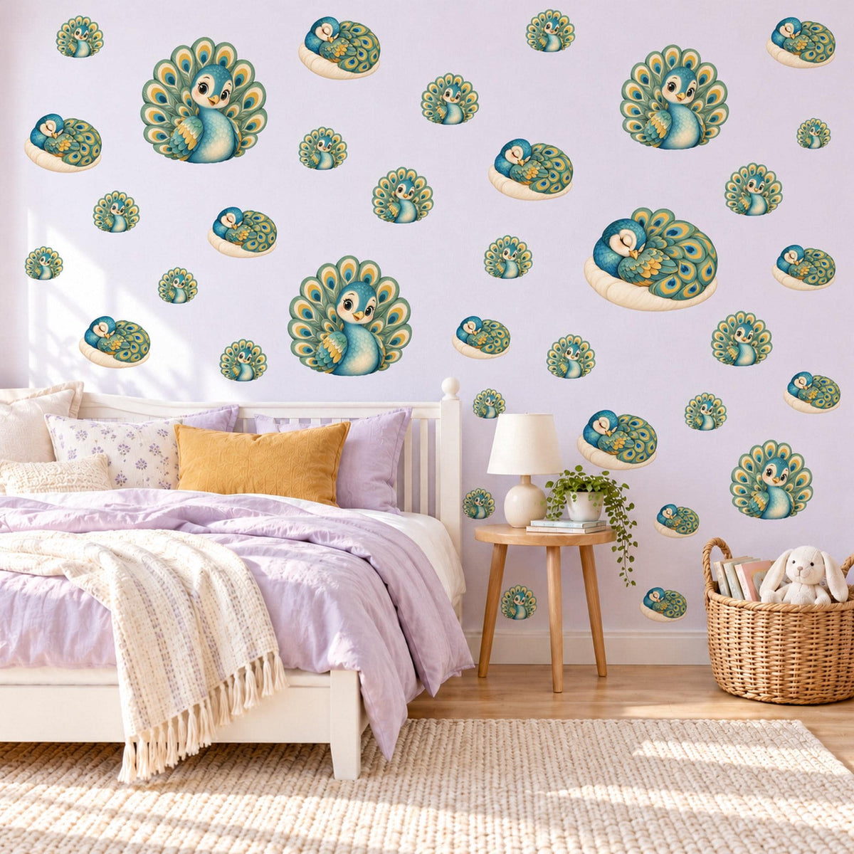 Peacock Wall Stickers, Baby Peacock Nursery Decor, Teal Bird Wall Decals, Emerald Green Gold Kids Room Peel and Stick Wall Art