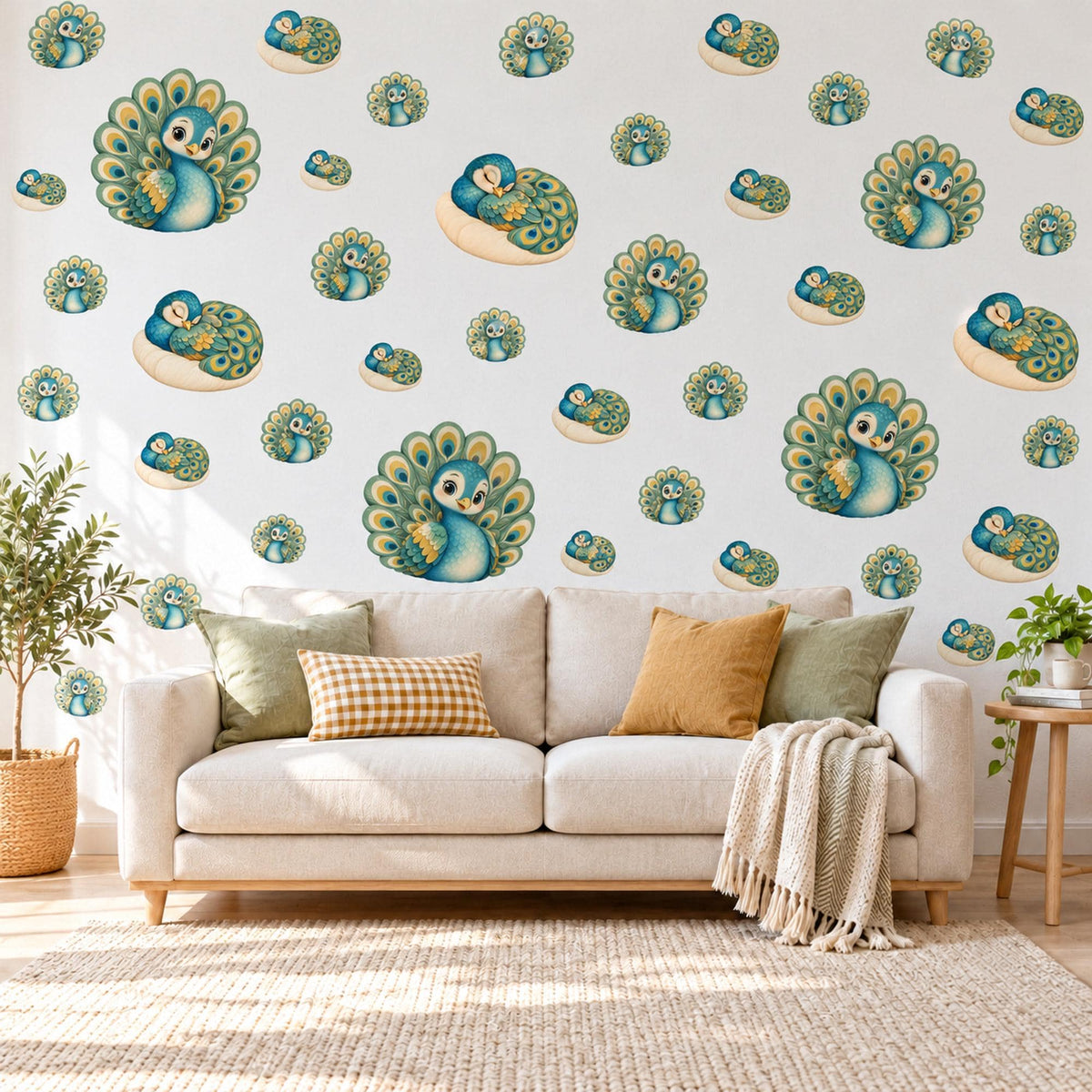 Peacock Wall Stickers, Baby Peacock Nursery Decor, Teal Bird Wall Decals, Emerald Green Gold Kids Room Peel and Stick Wall Art