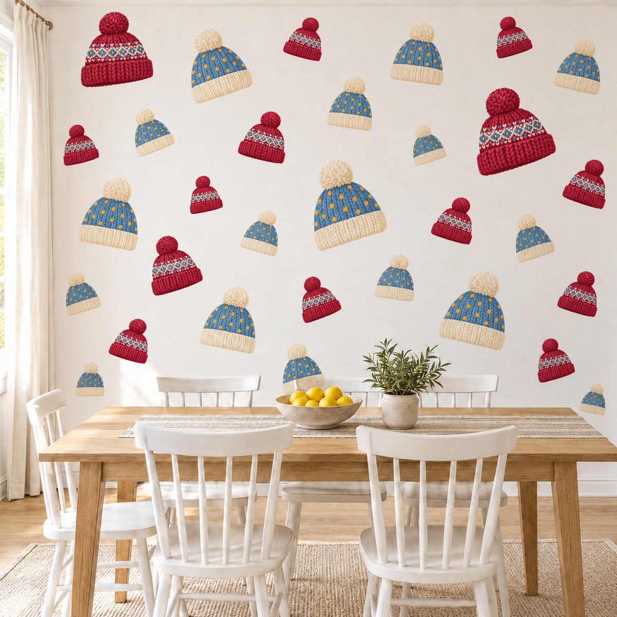 Winter Hat Wall Stickers, Bobble Hat Nursery Decor, Fair Isle Knit Wall Decals, Red Blue Cream Kids Room Peel and Stick Wall Art
