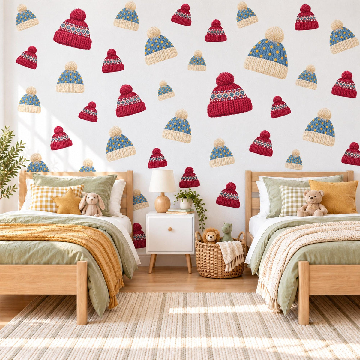 Winter Hat Wall Stickers, Bobble Hat Nursery Decor, Fair Isle Knit Wall Decals, Red Blue Cream Kids Room Peel and Stick Wall Art