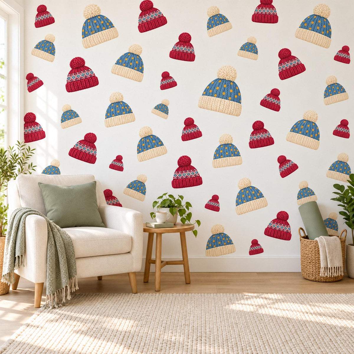 Winter Hat Wall Stickers, Bobble Hat Nursery Decor, Fair Isle Knit Wall Decals, Red Blue Cream Kids Room Peel and Stick Wall Art